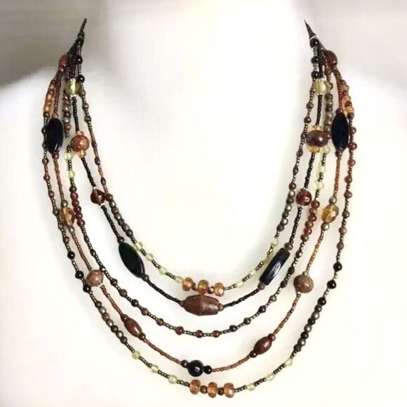 Vintage Beaded Necklace 1990s Layered Five Strands Brown Black w/ Lobster Clasp - Picture 1 of 8